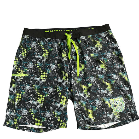Dixxon Mens Board Shorts Size 40 Black Beach Neon Outdoors Cars Dice Quick Dry - Picture 1 of 7